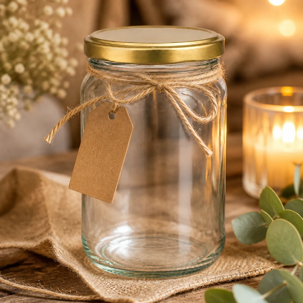 305ml Rundglas mit BasicSeal Deckel gold UNiTWIST 305ml Rundglas mit goldenem Deckel dekorativ mit Kraftpapier-Anhänger und Juteschnur als Geschenkverpackung