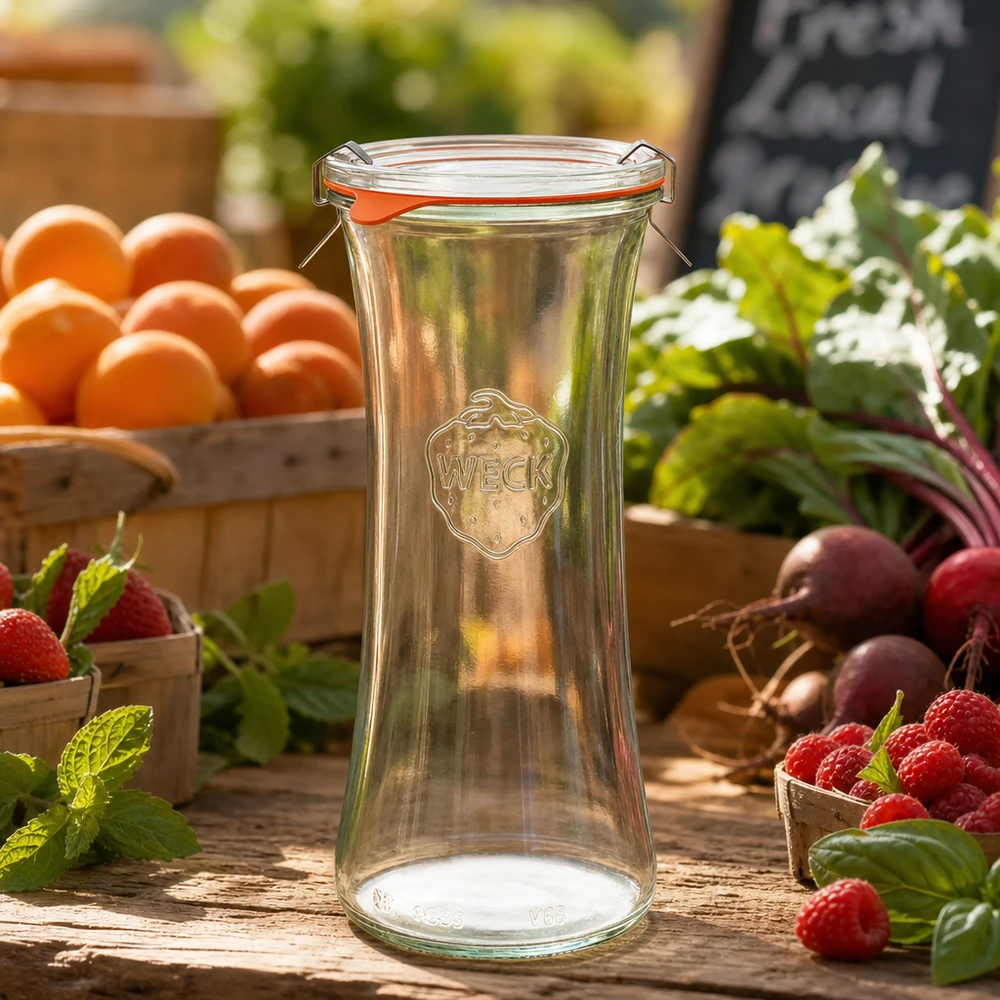 700ml Delikatessenglas komplett WECK RR80 WECK Delikatessenglas 700ml RR80 leer auf Holztisch mit frischen Beeren, Orangen und Gemüse in natürlicher Gartenszene