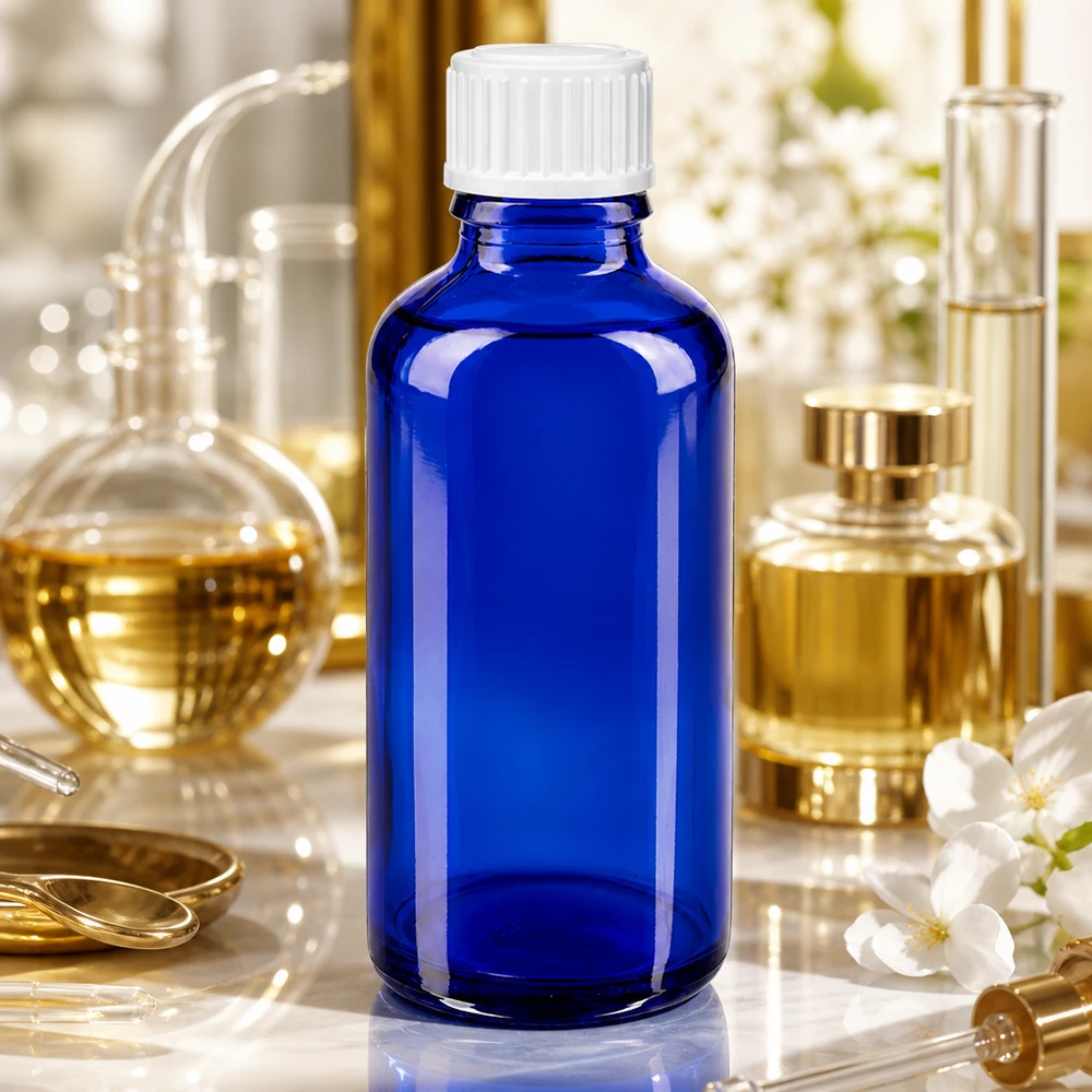 Apothekenflasche blau 50ml Schraubverschluss weiß Standard Blaue Medizinflasche 50ml Borosilikatglas weißer Verschluss auf Marmor mit Goldakzenten