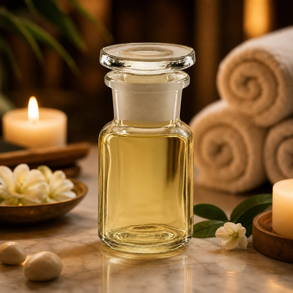 Glasflasche Rundschulter 50ml mit Ölfüllung zwischen Jasminblüten und Wellness-Accessoires
