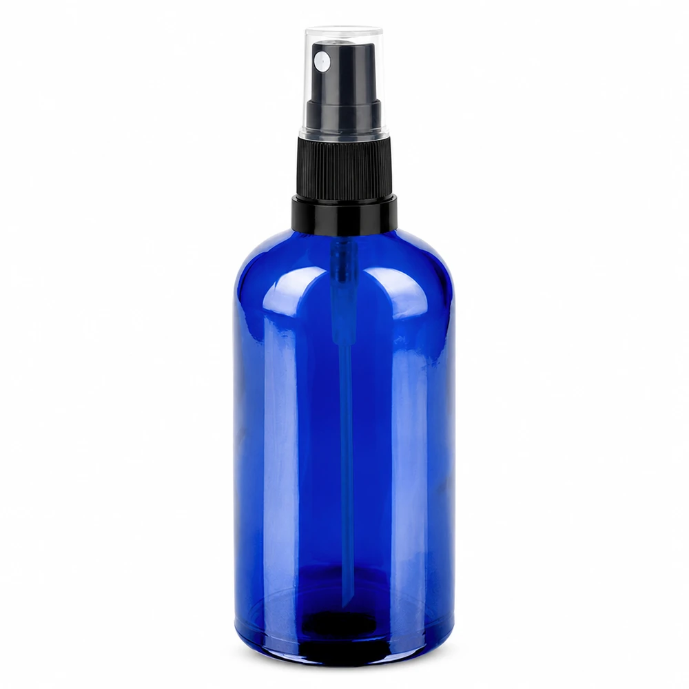 Rundliche blaue Glasflasche 100ml mit ergonomischem schwarzen Sprühkopf für Flüssigkeiten