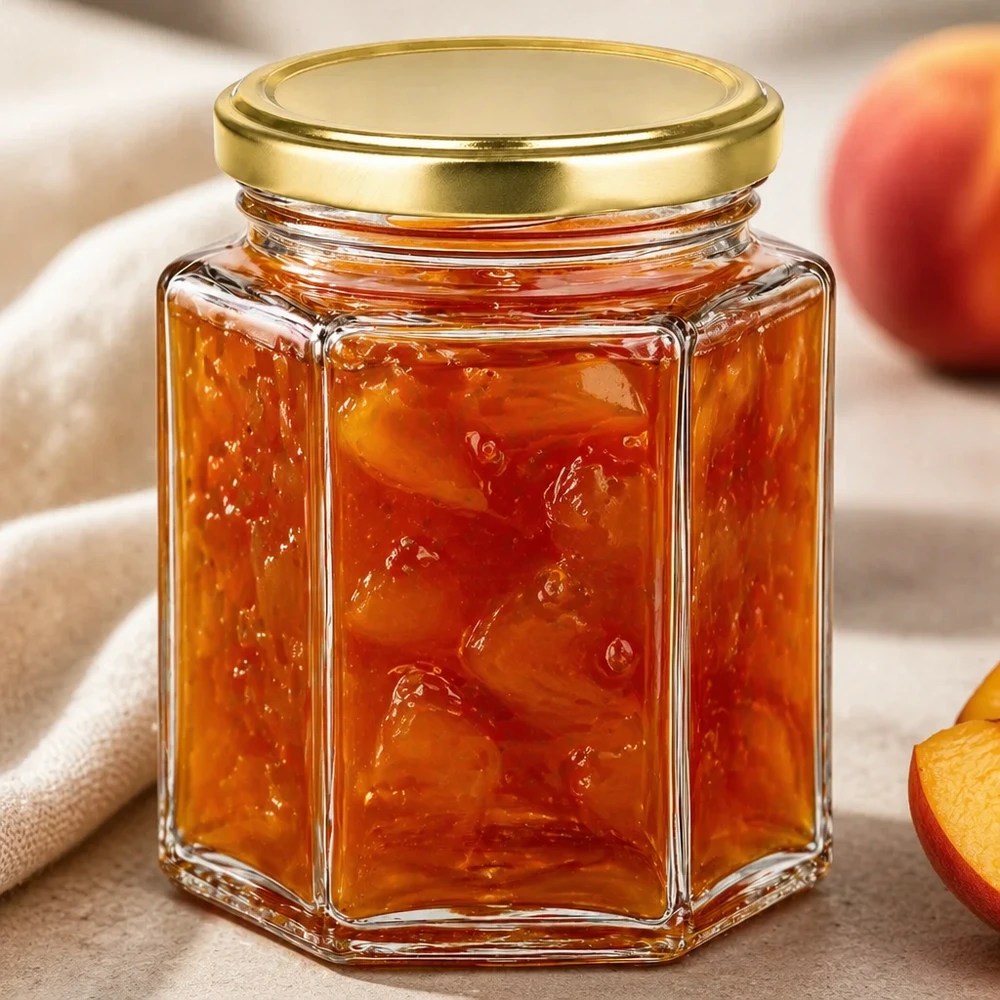 250g Honigglas BasicSeal mit Marmelade gefüllt neben Pfirsich zeigt vielseitige Verwendung für Konfitüre