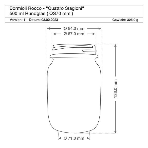 500ml Rundglas "Quattro Stagioni" mit Deckel Technische Zeichnung 500ml Quattro Stagioni Rundglas mit Maßangaben Durchmesser 84mm Höhe 136mm Bormioli Rocco