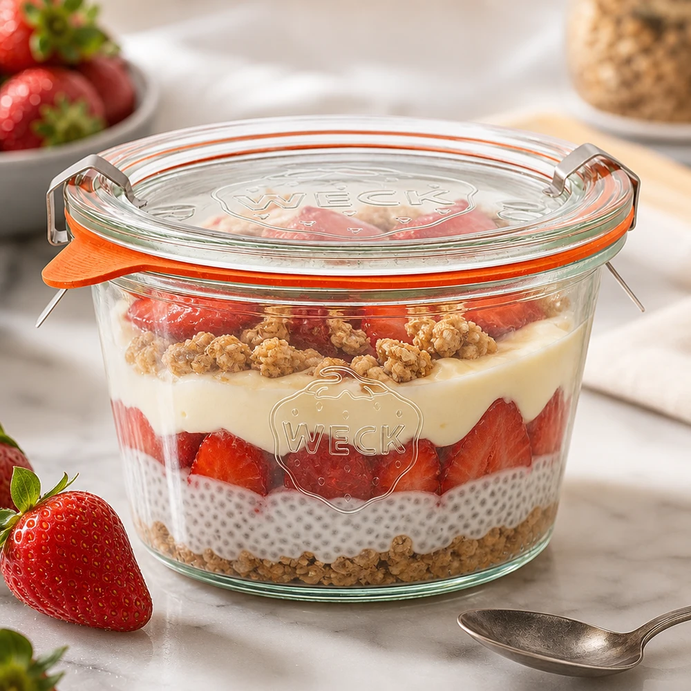 370ml Sturzglas komplett WECK RR100 WECK Sturzglas 370ml RR100 mit Schichtdessert aus Chia-Pudding und Erdbeeren zeigt vielseitige Nutzung als Portionsglas