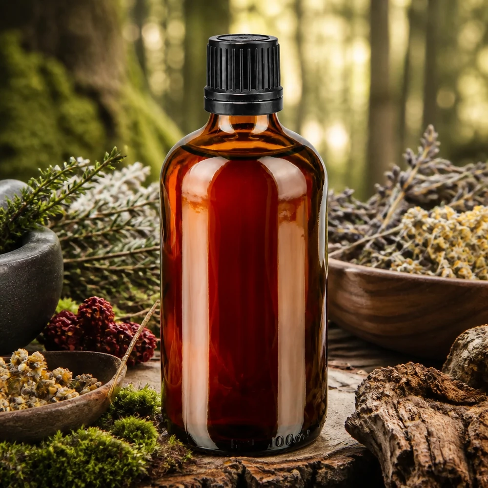 100ml Tropfflasche aus bernsteinfarbenem Apothekerglas mit OV zwischen Waldmoos und Tannenzapfen