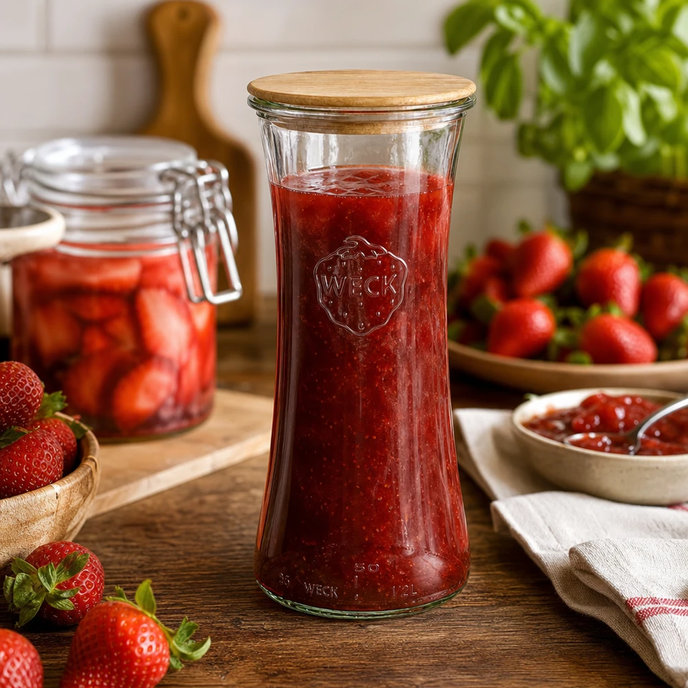 700ml Delikatessenglas WECK RR80 mit Holzdeckel WECK Glasdose 700ml mit Bambus Deckel gefüllt mit Erdbeermarmelade Küchenszene Einkochen Vorratshaltung