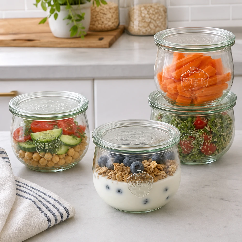 580ml Tulpenglas mit Glasdeckel WECK RR100 WECK Tulpengläser 580ml RR100 als praktische Meal Prep Behälter mit Salat Joghurt und Gemüse in moderner Küche