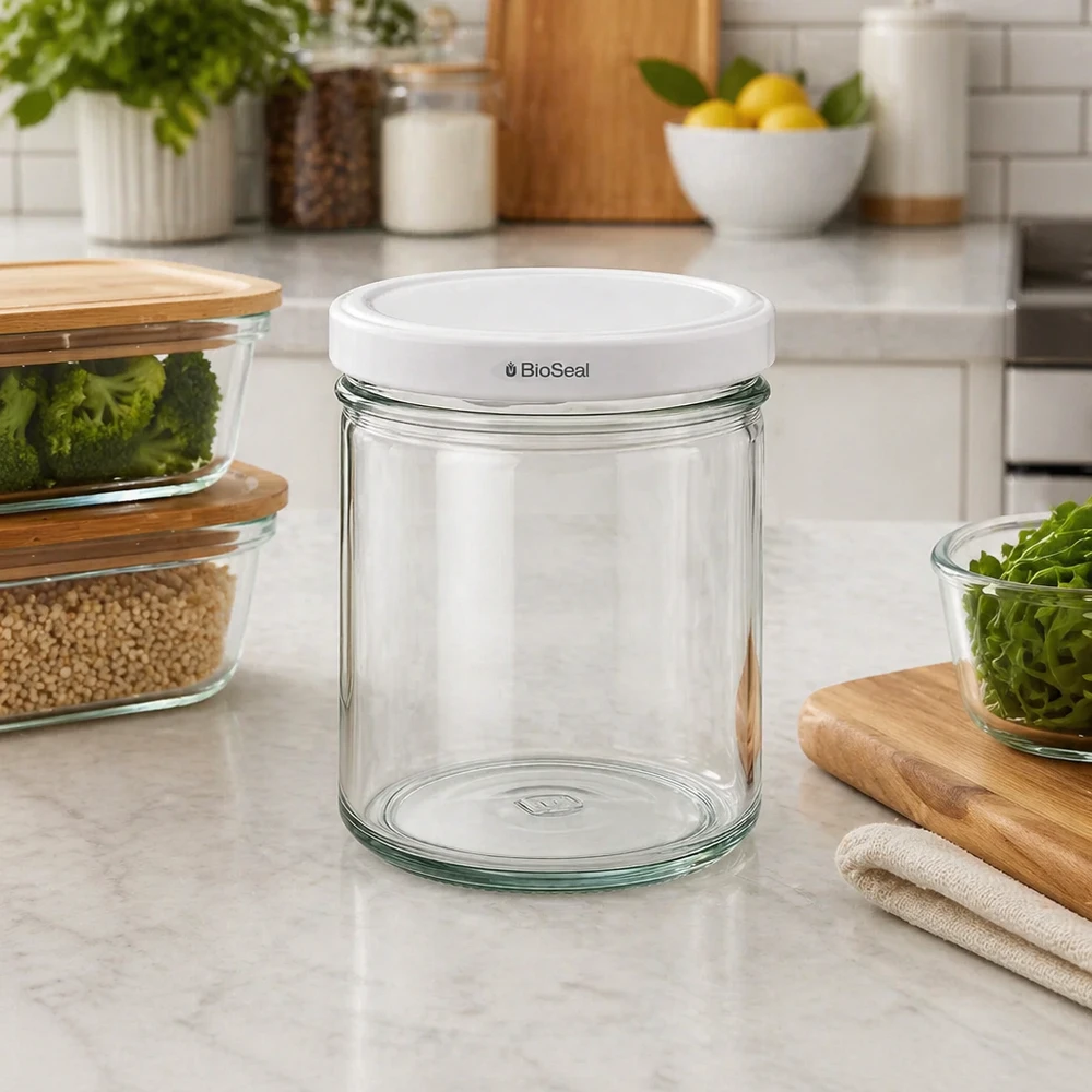 167ml Sturzglas mit BioSeal Deckel weiß UNiTWIST UNiTWIST Vorratsglas 167ml leer auf Küchenarbeitsplatte mit weißem TO66 BioSeal Deckel Glascontainer Aufbewahrung