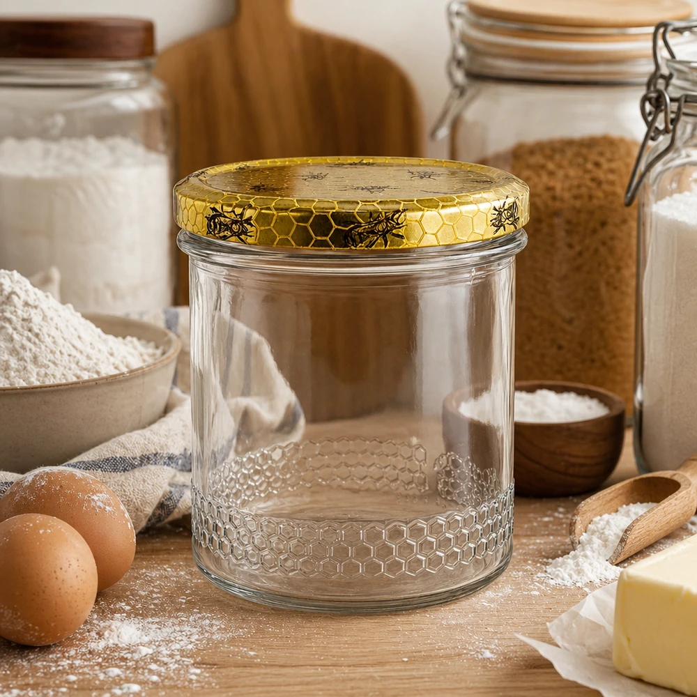 Leeres 400ml Honigglas mit goldenem Waben-Deckel in rustikaler Küche, Backzutaten und Eier für Imkerei