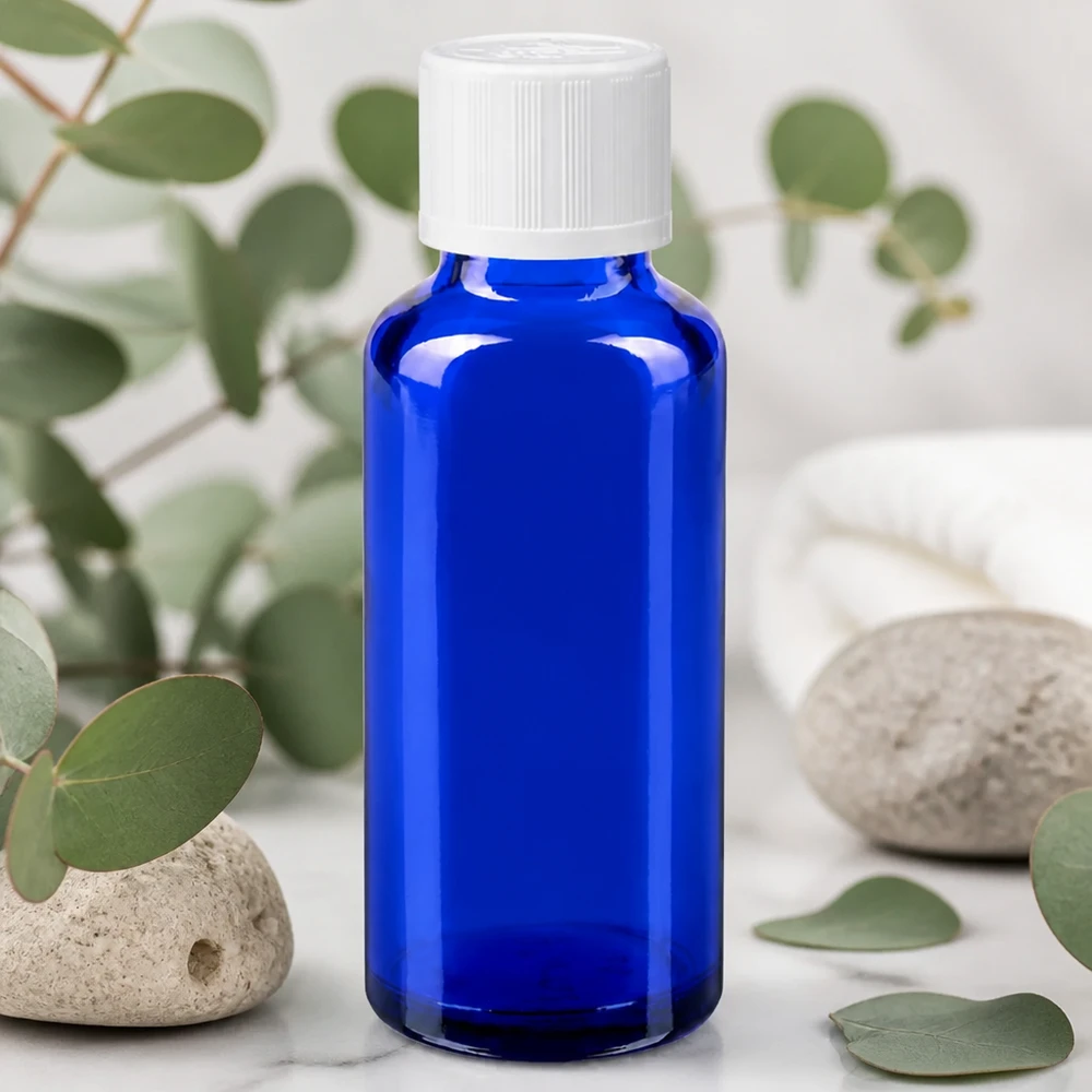 Apothekenflasche blau 30ml Tropfverschluss weiß Kindersicherung Standard Pharmazeutische Blauglasflasche 30ml mit 1,2mm Tropfeinsatz und weißem kindersicherem Verschluss
