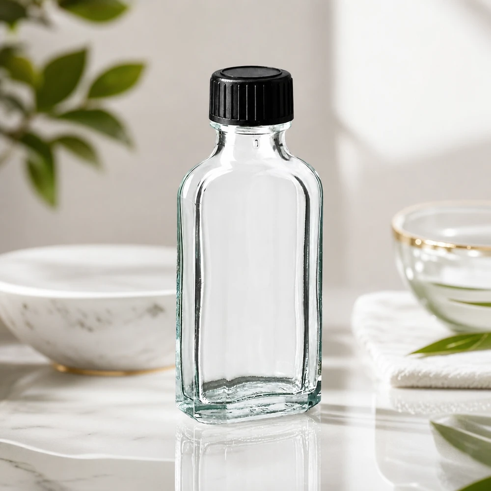 50 ml Meplat klar Schraubverschluss mit EPE-Dichtscheibe Kleine 50 ml Meplat Flasche aus klarem Glas mit schwarzem Verschluss für Kosmetikprodukte