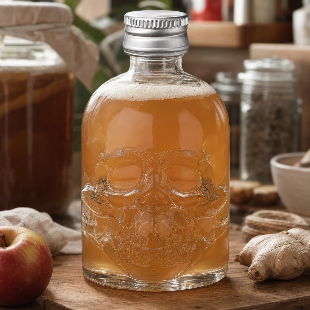 50ml Glasflasche "Hector" + Schraubverschluss silber UNiTWIS 50ml Glasflasche Hector mit Totenkopf-Relief gefüllt mit Apfel-Ingwer-Getränk in natürlicher Küchenumgebung