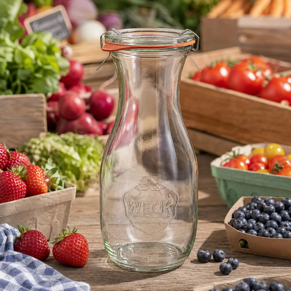 WECK Saftflasche 530ml RR60 leer mit Bügelverschluss zwischen frischem Obst und Gemüse auf Holztisch