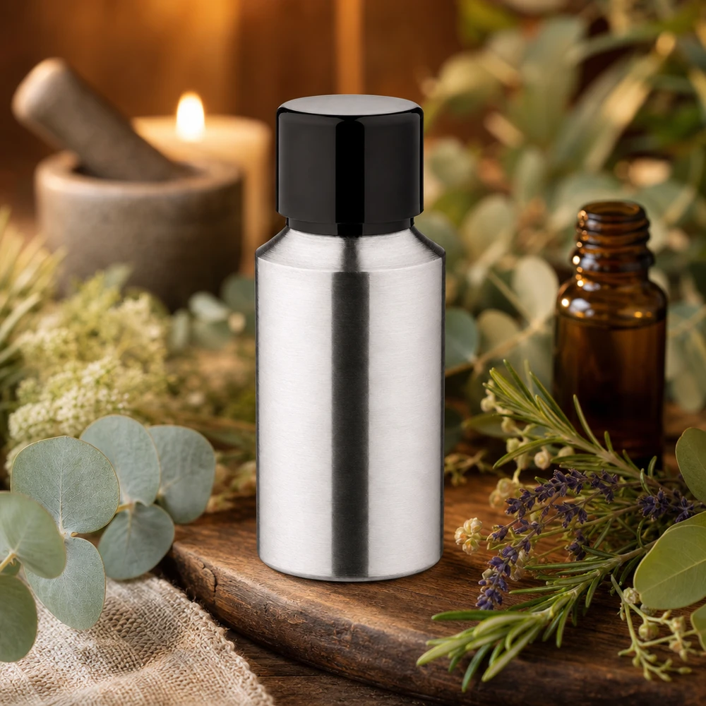 30ml Aluminiumflasche geschliffen mit schwarzer Kappe für lichtempfindliche Inhaltsstoffe