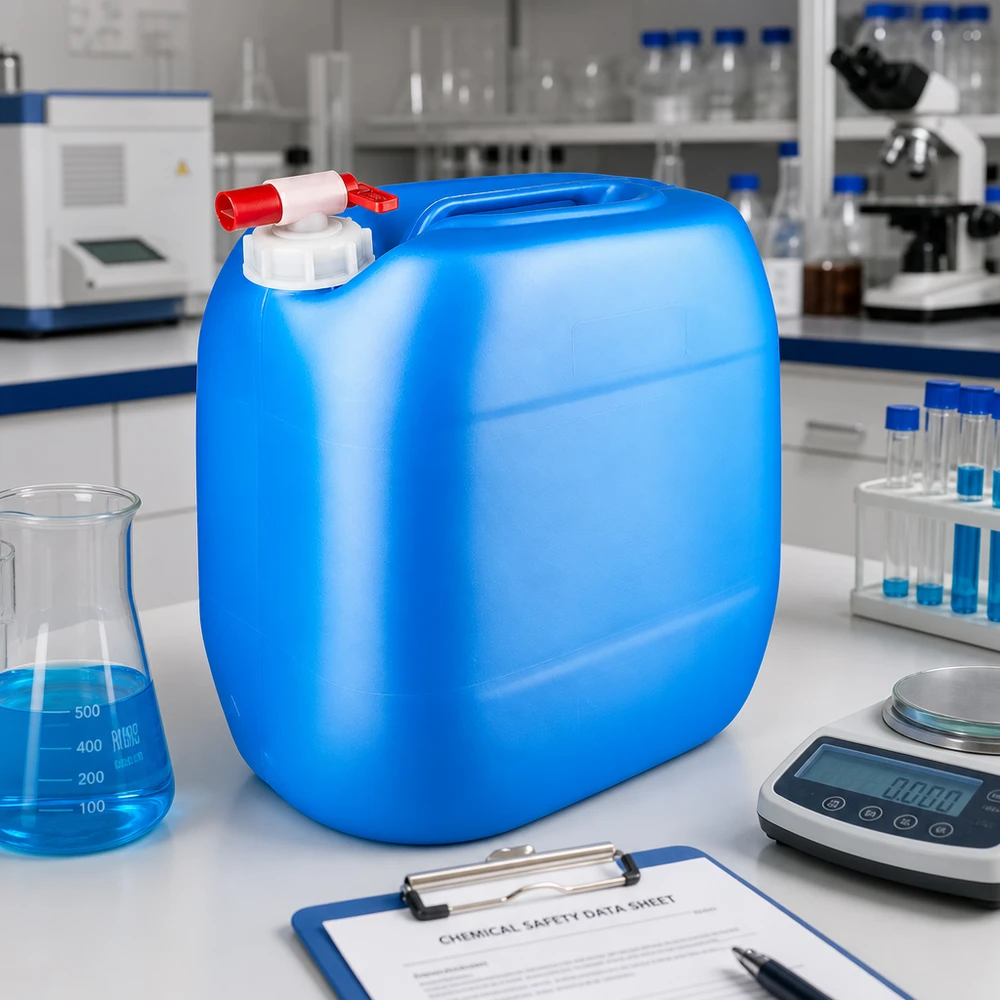 Blauer Polyethylenkanister 30L mit roten Auslaufventil und Laborwaage im Hintergrund