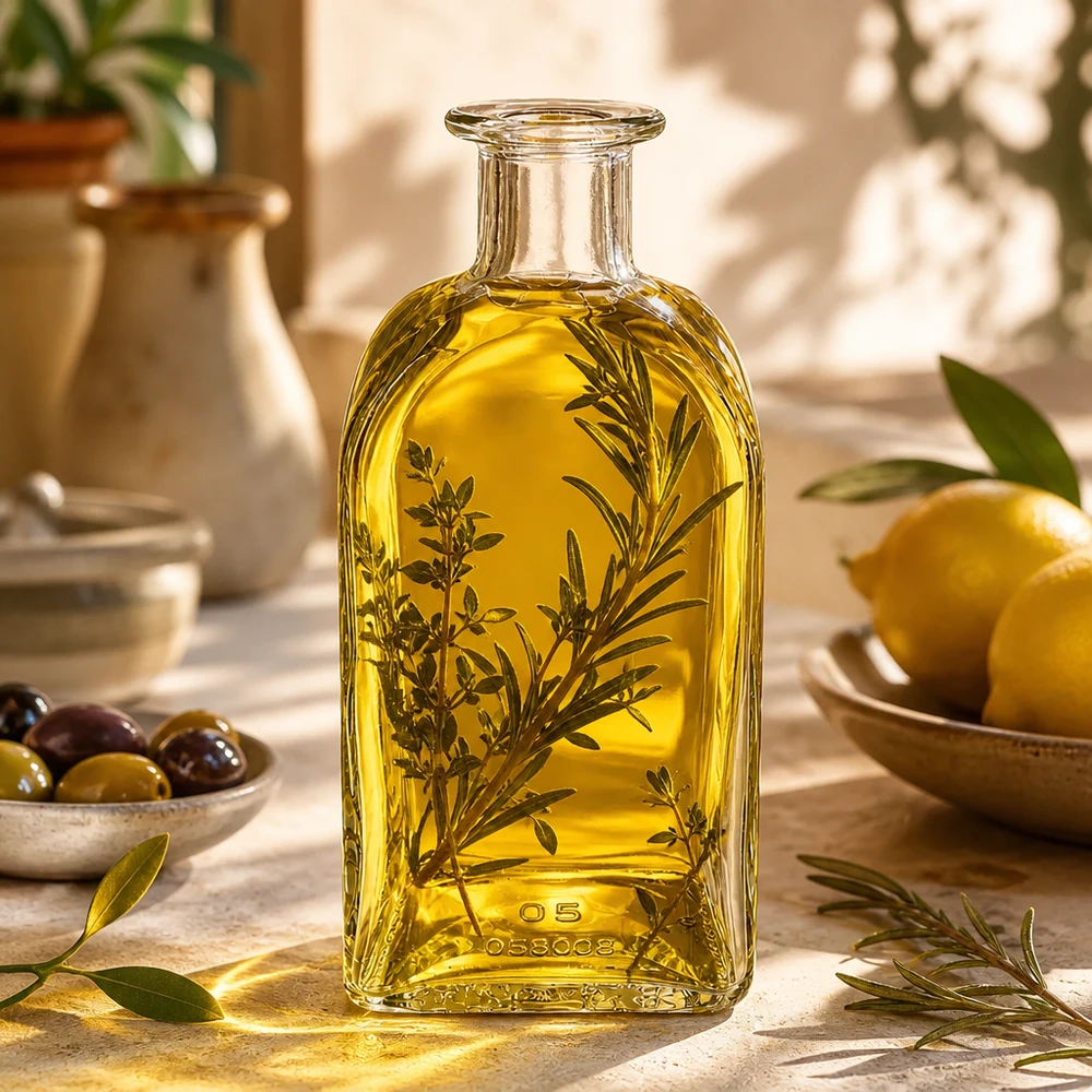 500ml Glasflasche Julia mit Olivenöl und Kräutern befüllt mediterrane Küche mit Oliven und Zitronen
