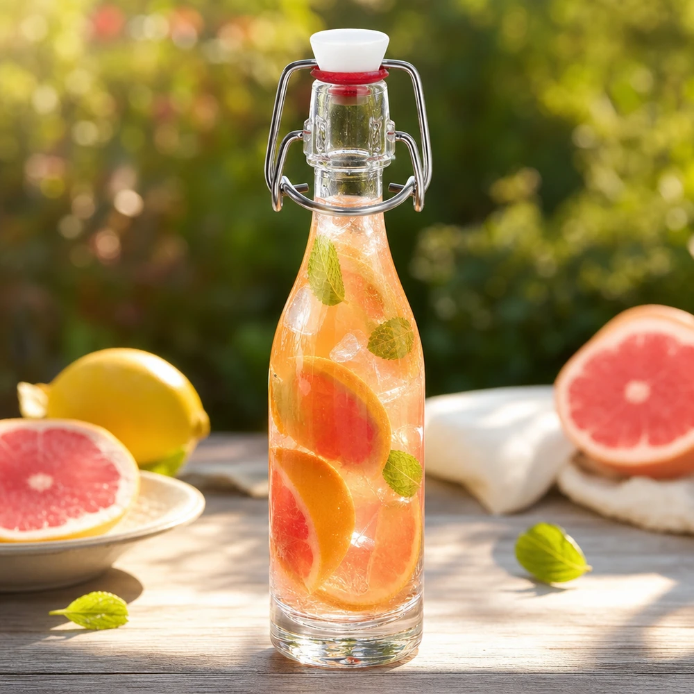 50ml Glasflasche und Bügelverschluss PVC UNiTWIST 50ml Glasflasche mit Bügelverschluss PVC gefüllt mit Grapefruit-Minz-Wasser in sommerlicher Garten-Atmosphäre