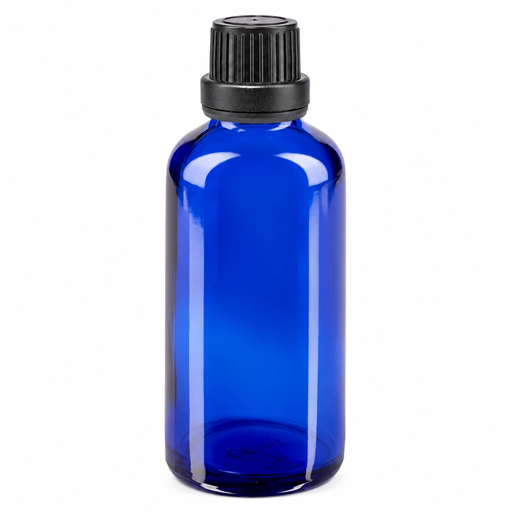 50ml Apotheken Tropfflasche blau mit schwarzem Schraubdeckel und 2mm Tropfeinsatz aus Borosilikatglas