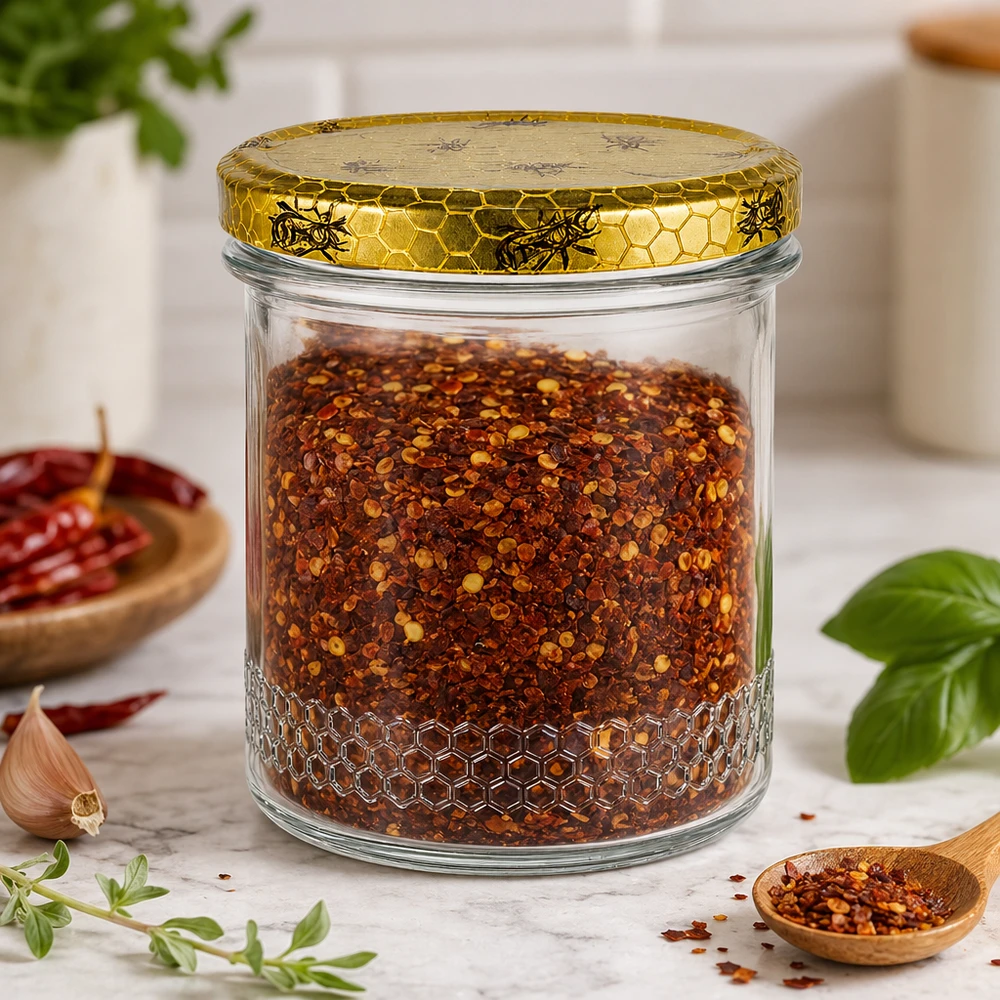 400ml Honigglas mit Chili-Gewürzmischung gefüllt, Bienenwaben-Deckel, Küchenszene mit Kräutern und Holzlöffel