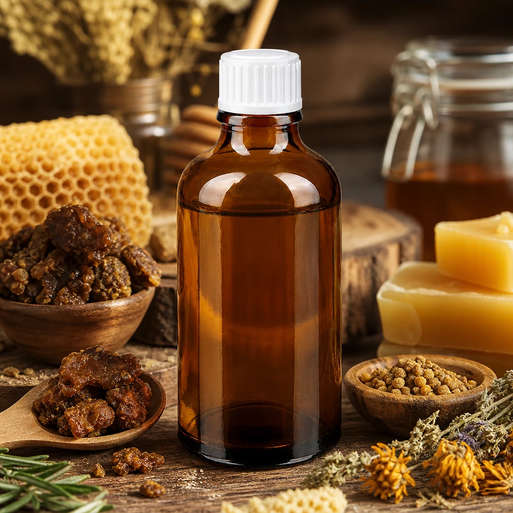 Braune Pharmaflasche 50ml mit weißem Verschluss neben Heilkräutern und Wachsblöcken