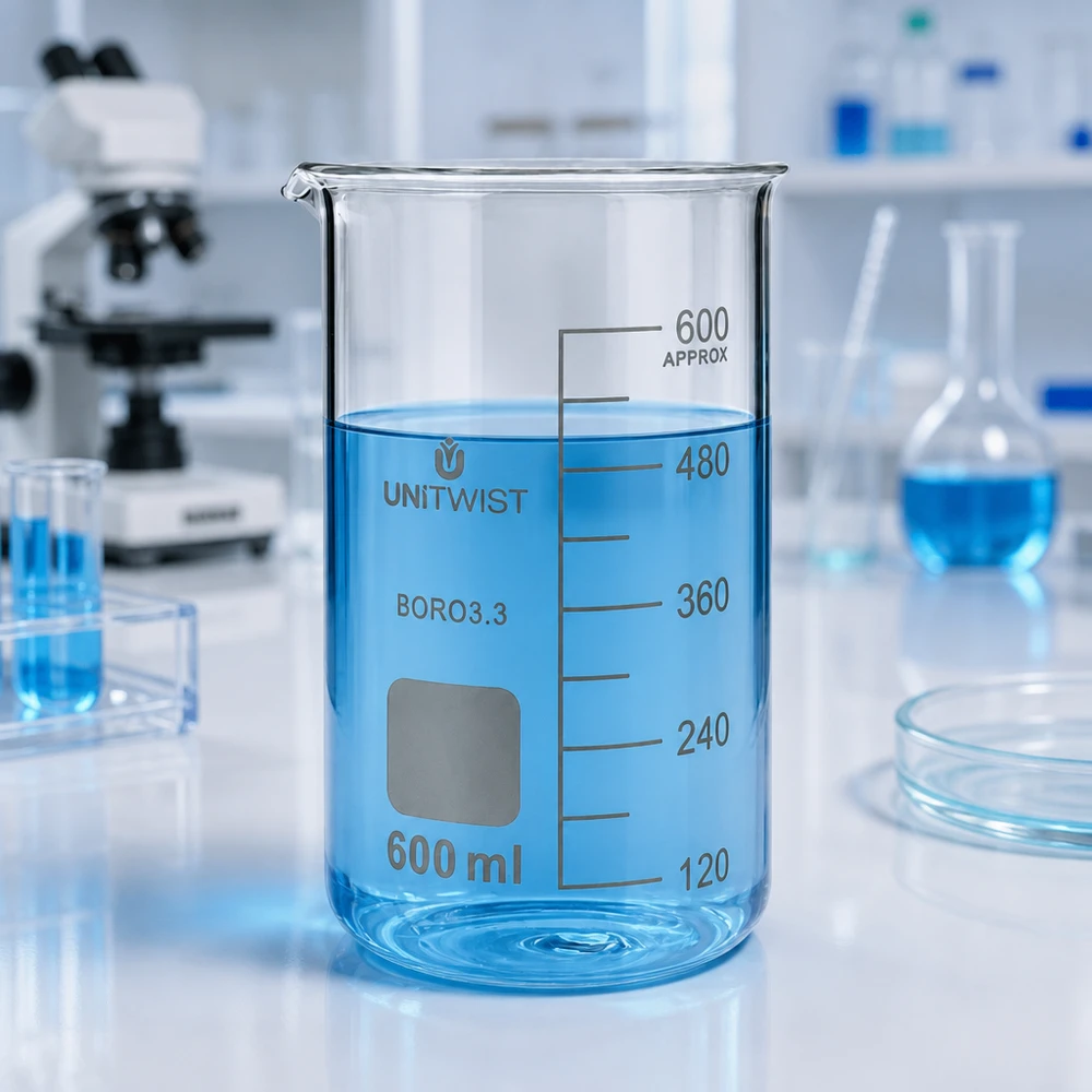 Becherglas 600ml Borosilikat, hohe Form UNiTWIST Becherglas hohe Form 600ml UNITWIST BORO3.3 mit weißem Beschriftungsfeld transparent