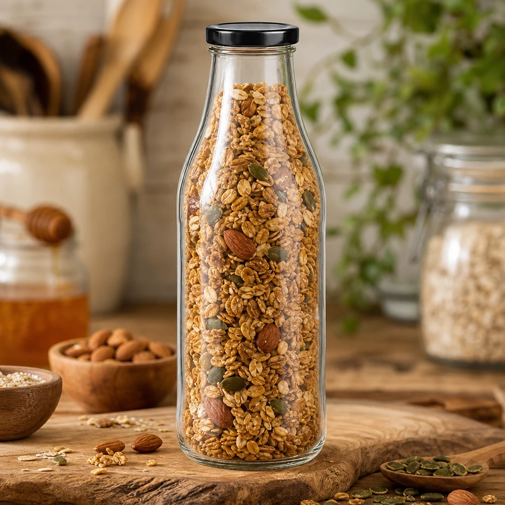 1000ml Glasflasche + BasicSeal Deckel schwarz UNiTWIST 1000ml Glasflasche mit schwarzem Deckel gefüllt mit Müsli-Nüsse-Mix zur Aufbewahrung von Lebensmitteln