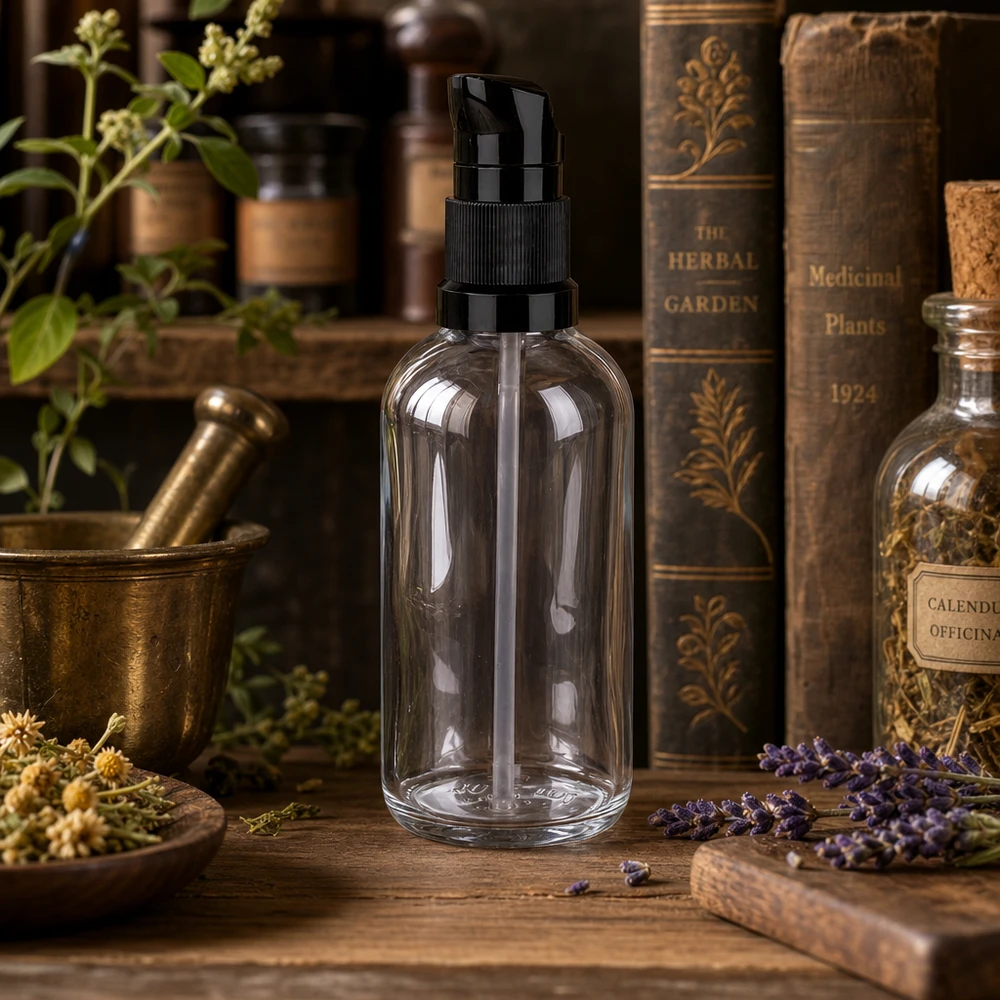 Glasflasche mit Pumpe 100ml ClearLine schwarze Kappe Korkflasche Naturheilkunde Ambiente