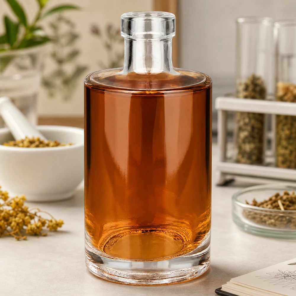 350ml Glasflasche Marie mit bernsteinfarbenem Inhalt auf Küchentheke zwischen Gewürzen und Kräutern Bild 5 von 10