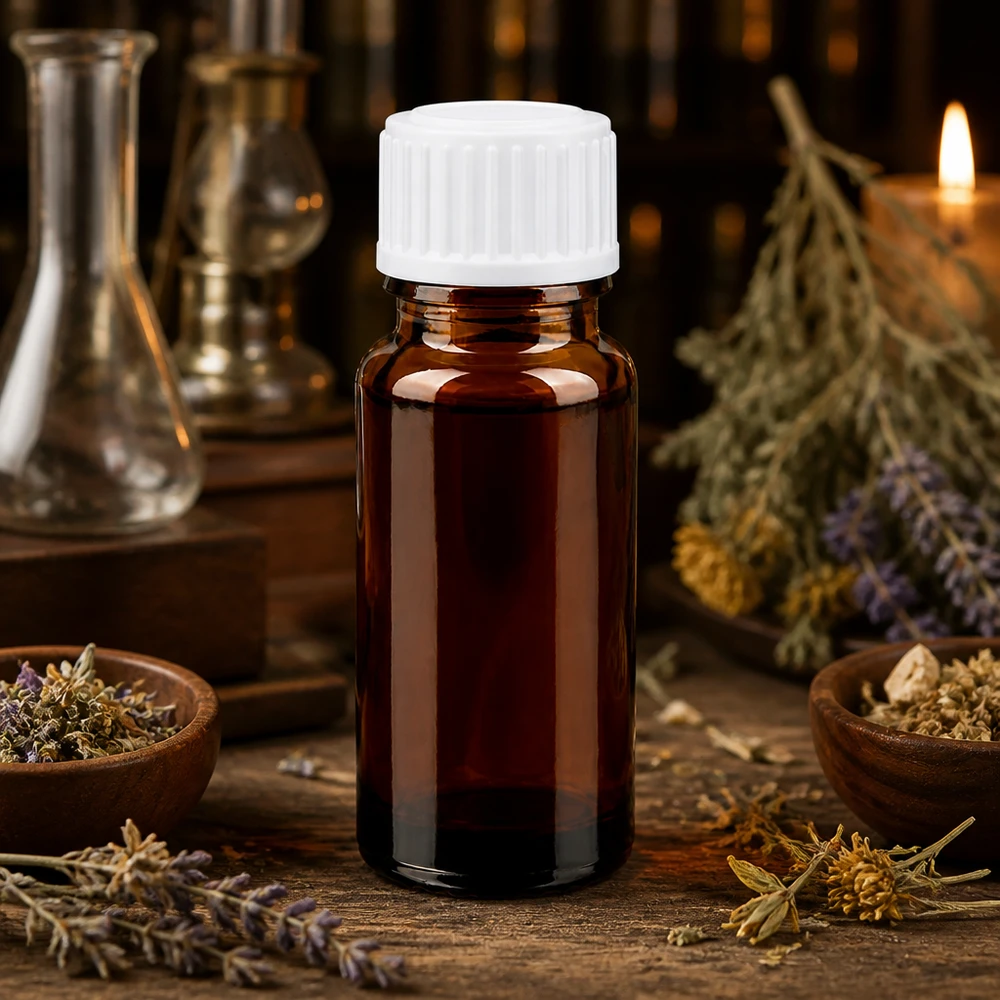 Braune 10ml Minimaldosierflasche mit weißem STD Tropfverschluss auf rustikalem Holzuntergrund
