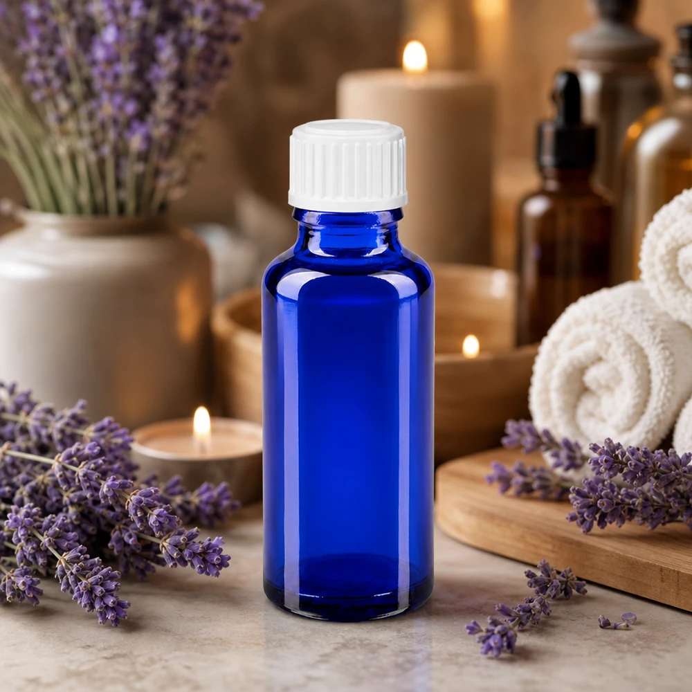 Blauglas Flakon 30ml mit weißem Schraubdeckel 11mm für Naturkosmetik und Öle
