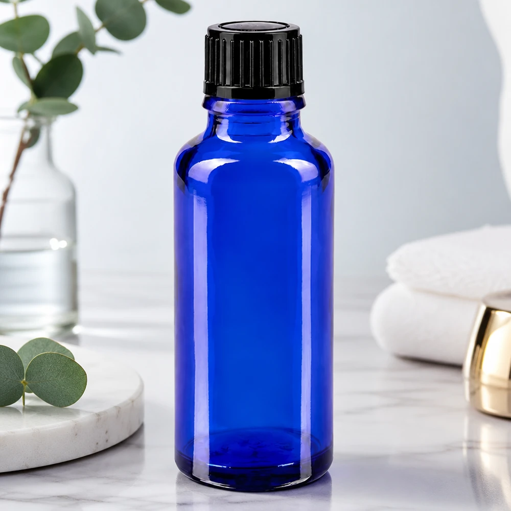 Apothekenflasche blau 30ml Schraubverschluss schwarz Standard Blaue zylindrische 30ml Glasflasche mit schwarzem Kunststoffverschluss für ätherische Öle
