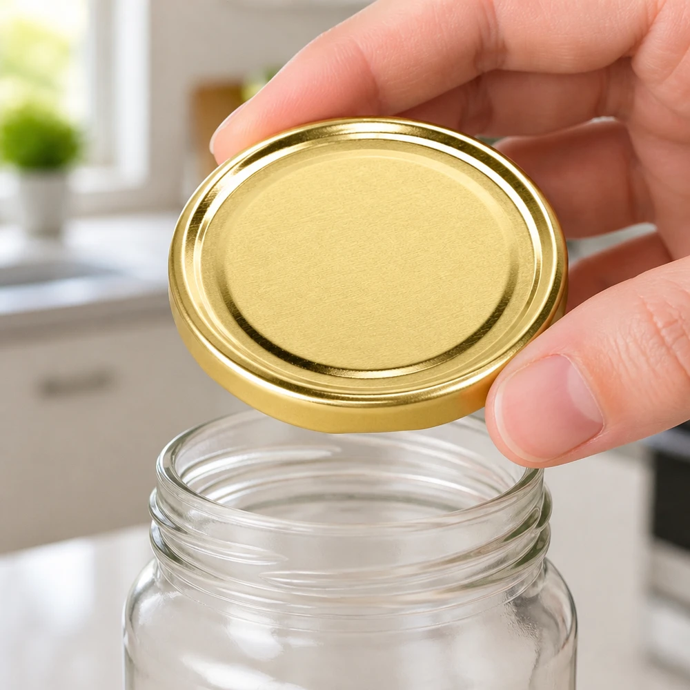 Hand platziert goldenen BasicSeal Metalldeckel TO100 auf klarem Glasvorratsbehälter 100mm