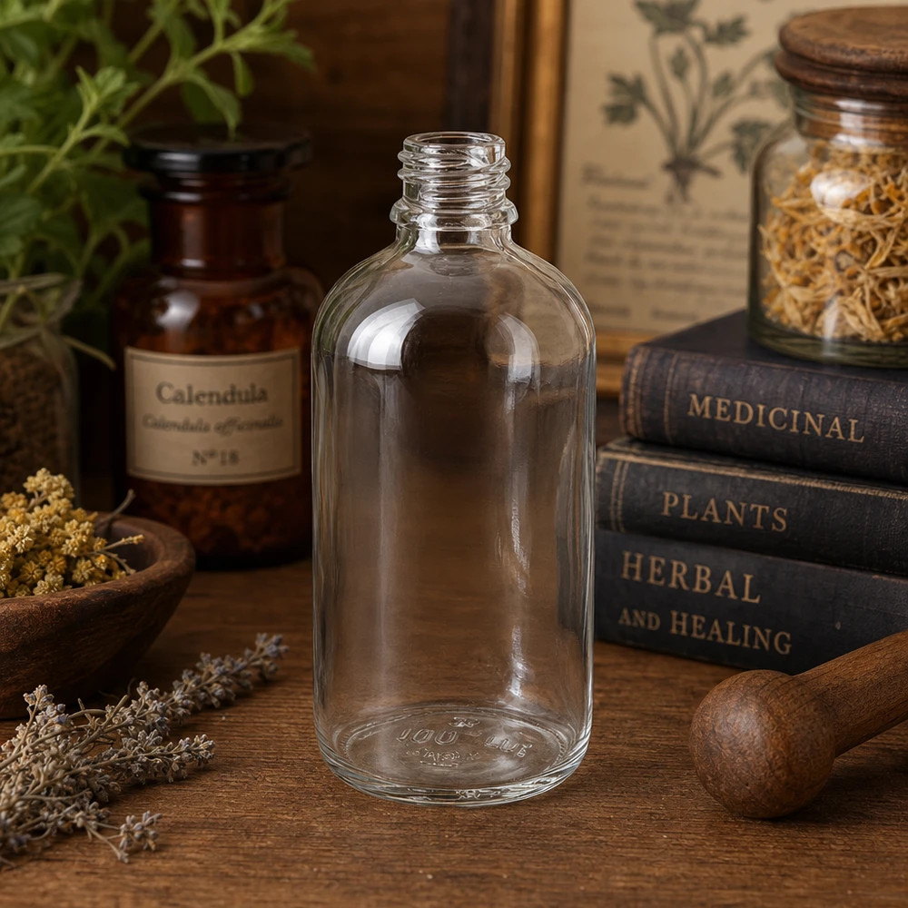 100ml Apothekenflasche ClearLine UT18/100 UNiTWIST Kleine 100ml Glasflasche mit Schraubgewinde DIN18 ClearLine Serie im naturheilkundlichen Kräuterstudio
