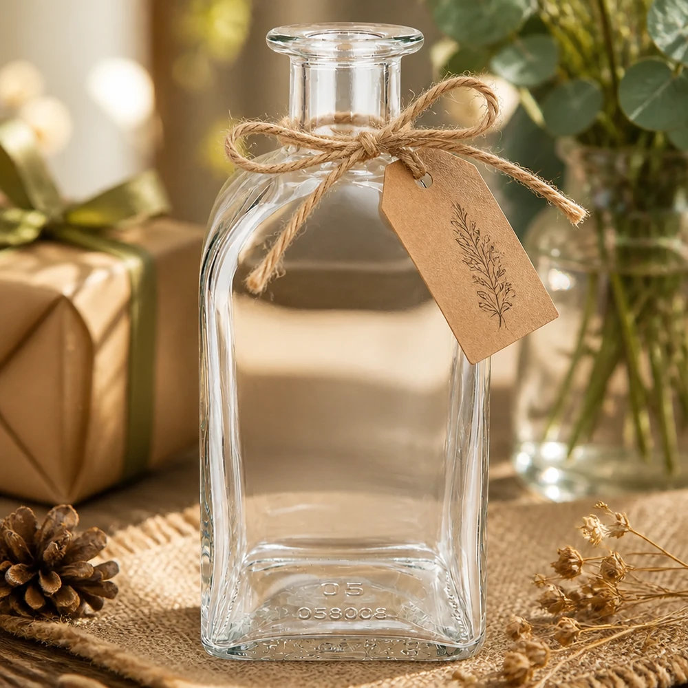 500ml Glasflasche "Julia" ohne Verschluss UNiTWIST 500ml Glasflasche Julia mit rustikaler Dekoration Kraftpapier-Anhänger und Juteschnur auf natürlichem Holzhintergrund
