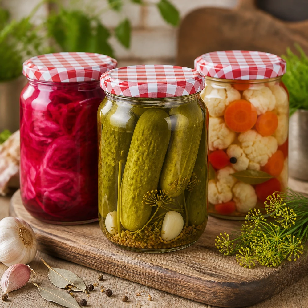 795ml Rundglas BasicSeal Deckel mit eingelegten Gurken, Sauerkraut und Mischgemüse auf Holzbrett mit Gewürzen