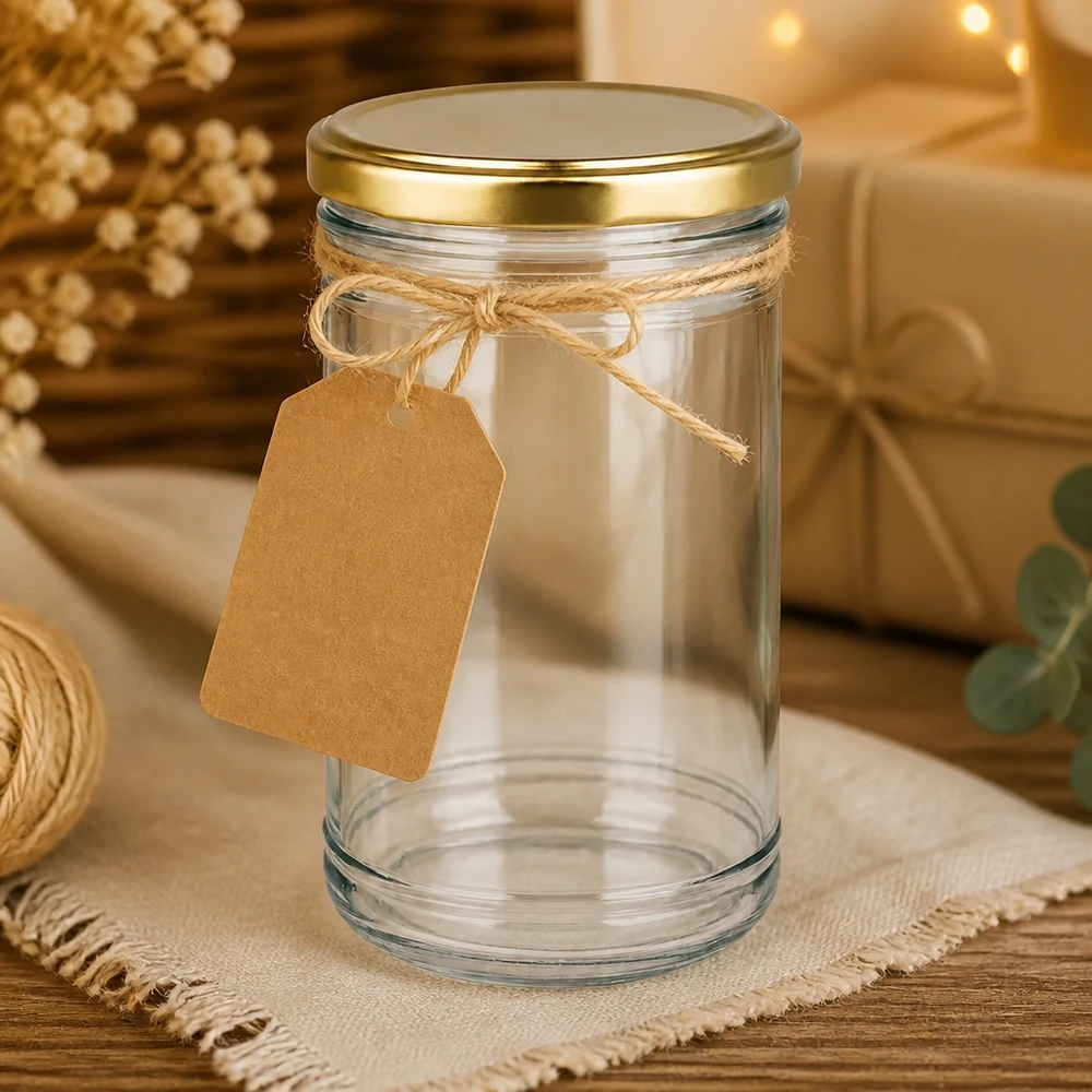 1053ml Sturzglas mit BasicSeal Deckel gold UNiTWIST 1053ml Sturzglas mit goldenem BasicSeal Deckel und Kraftpapier-Etikett als DIY-Geschenkverpackung dekoriert