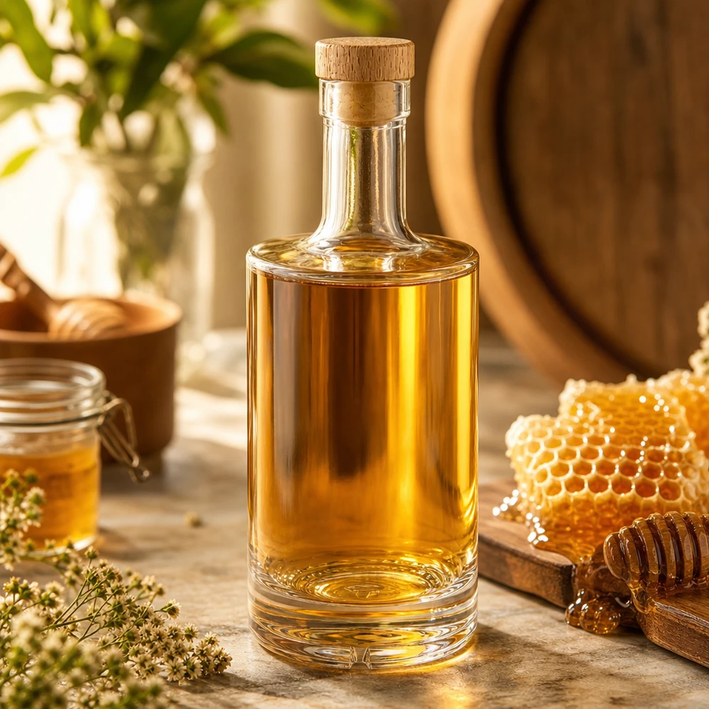 500ml Glasflasche "Passion" mit Holzgriffkorken UNiTWIST® 500ml Glasflasche Nora mit Honiglikör gefüllt Holzkorken UNiTWIST Bienenwaben Honigglas natürliche Deko