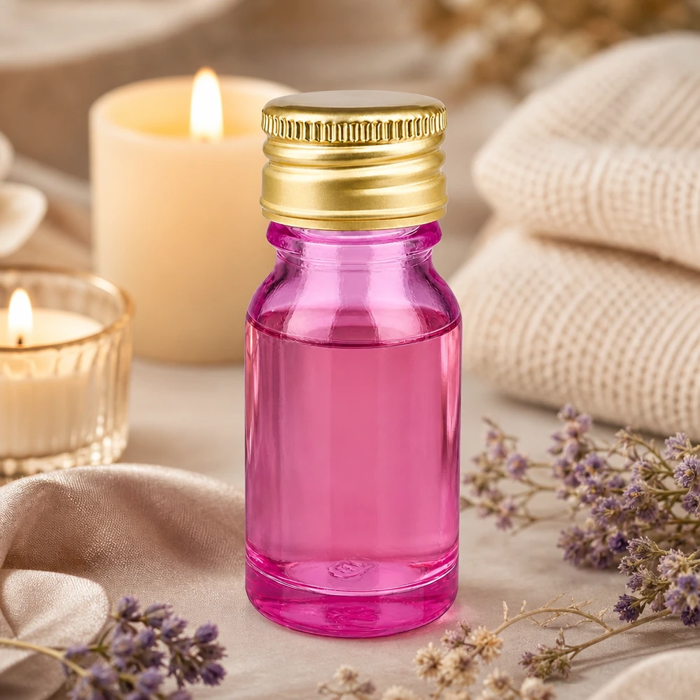 Dekorative 10ml Flasche in Lila mit glänzendem Golddeckel als stilvolle Verpackung für Naturkosmetik
