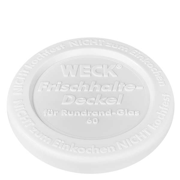 290ml Saftflasche mit Frischedeckel WECK RR60 WECK Frischedeckel weiß RR60 für 340ml Zylinderglas Deckel Nahaufnahme mit geprägtem Logo und Schriftzug