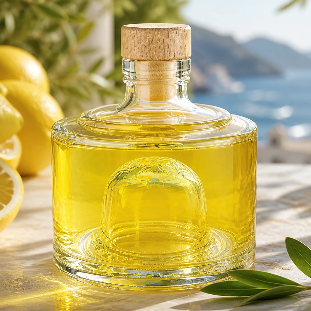 200ml Glasflasche "Barbara" mit Holzgriff-Korken UNiTWIST 200ml Glasflasche Barbara gefüllt mit gelber Flüssigkeit Olivenöl auf Holztisch mediterrane Atmosphäre Produktansicht