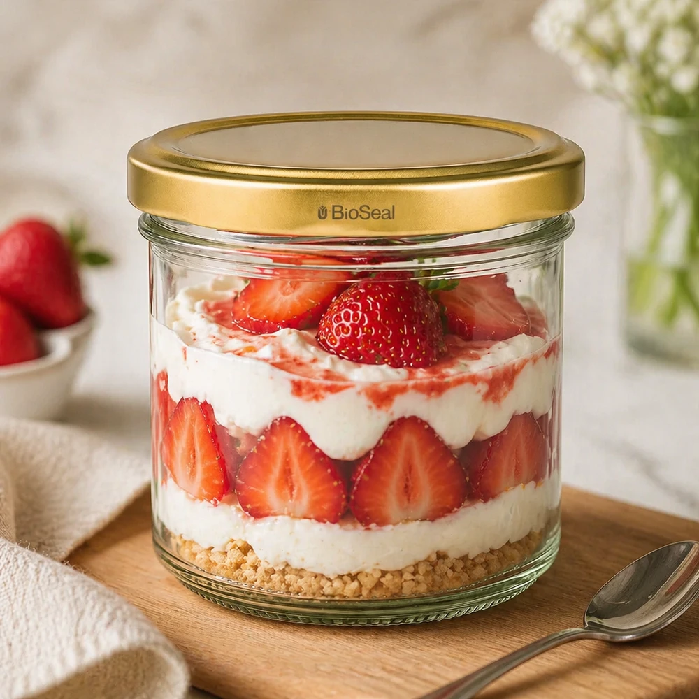 UNiTWIST 125ml Dessertglas mit Erdbeertrifle - goldener TO66 Deckel auf Holzbrett mit Löffel und Deko