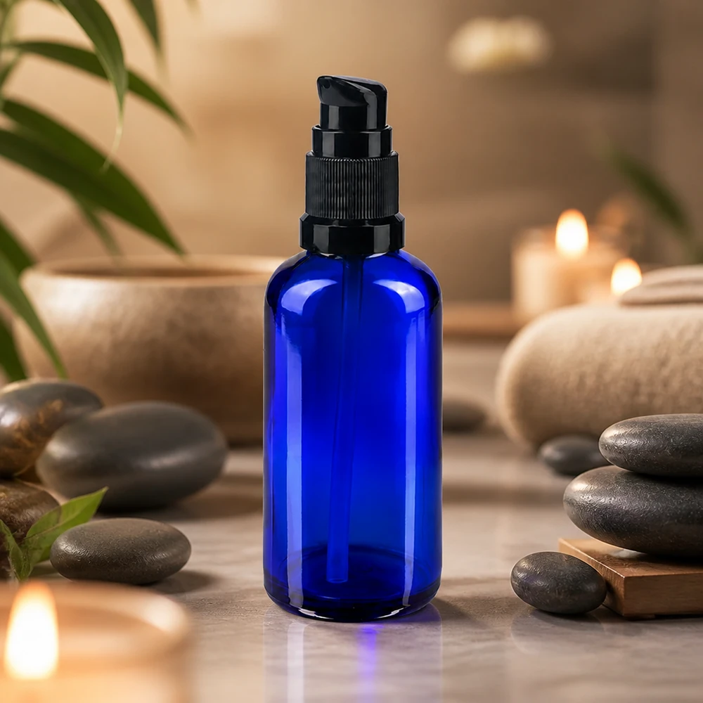 Runde blaue 50ml Glasflasche mit schwarzem Spenderkopf im Spa Ambiente
