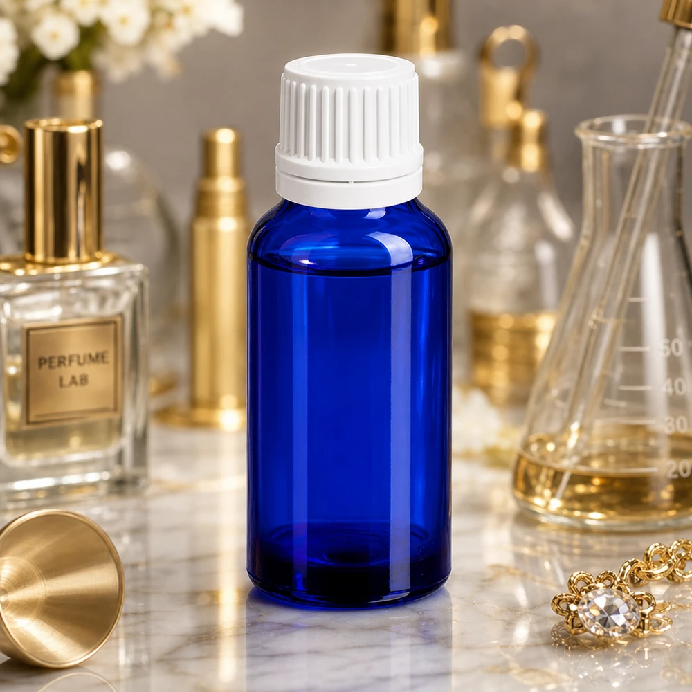 20ml Tropfflasche 0.7mm weiß Originalitätsverschluss BlueLine UT18/20 20ml Tropfflasche aus UV-schützendem blauem Glas mit sicherem Originalitätsverschluss