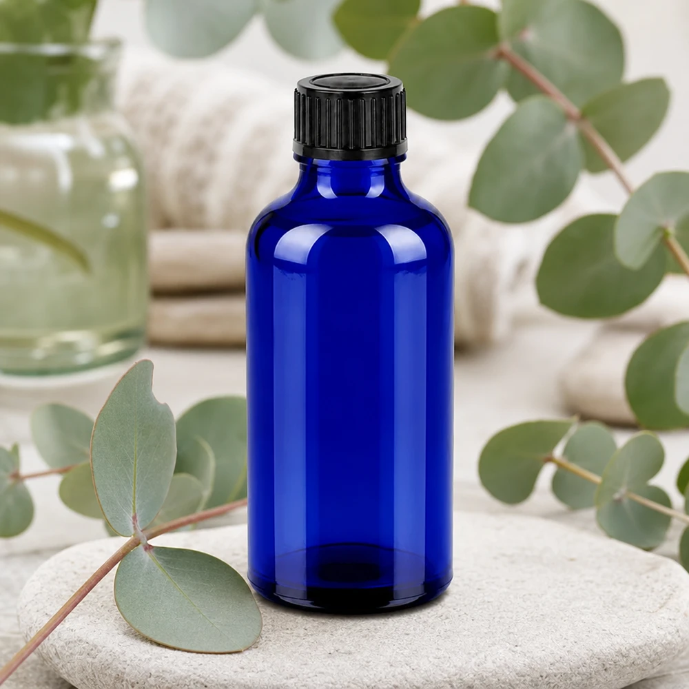 Nachfüllbare 50ml Blauglasflasche mit festem schwarzen Schraubdeckel für Naturkosmetik und Seren