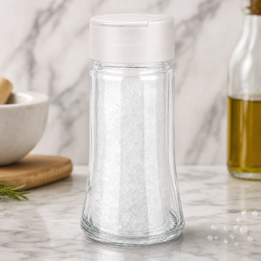 Gewürzglas 95ml mit Doppelstreuerdeckel weiß neben Olivenölflasche auf Marmorarbeitsplatte