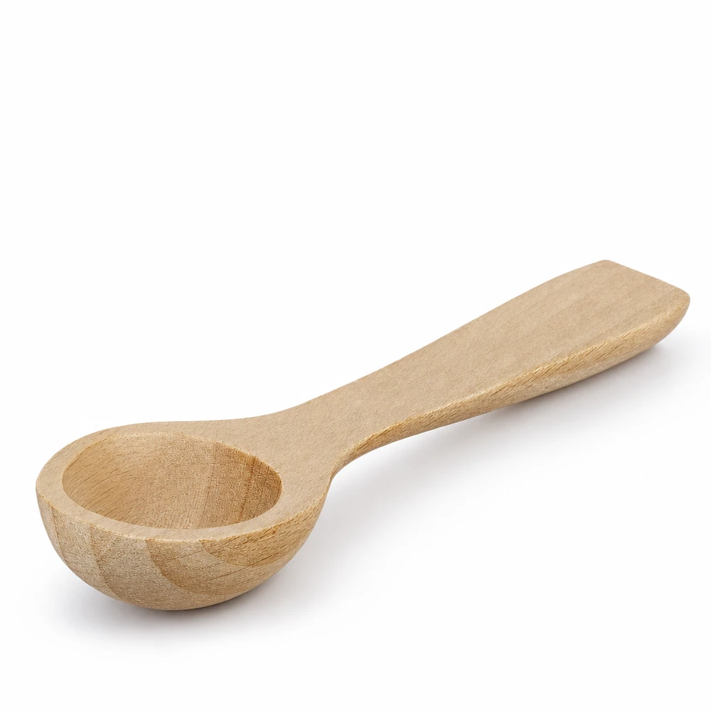 Holzschaufel Grösse S Löffelform - 77mm lang Kleine Buchenschaufel 7,7cm Löffelform auf weißem Hintergrund Detailansicht Holzmaserung Küchenhelfer