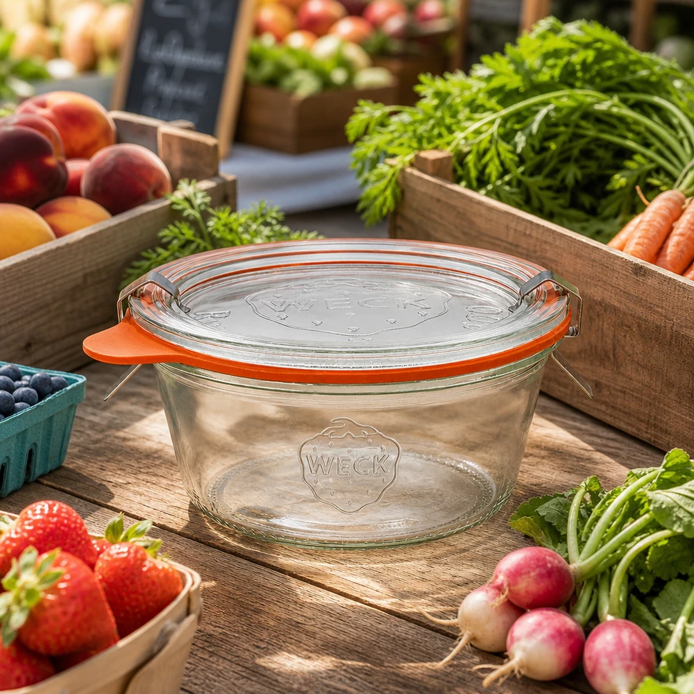 WECK Sturzglas 290ml RR100 mit orangem Gummiring zwischen frischem Marktgemüse Obst zum Einmachen