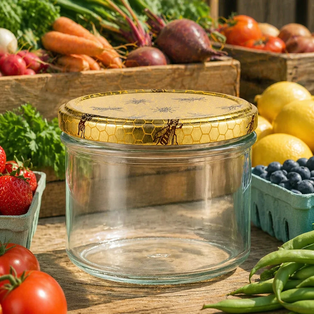 250g Honigglas mit Bienenwabe Deckel BasicSeal UNiTWIST 250g Honigglas mit Bienenwaben-Deckel umgeben von frischem Gemüse Obst und Beeren auf rustikalem Holztisch