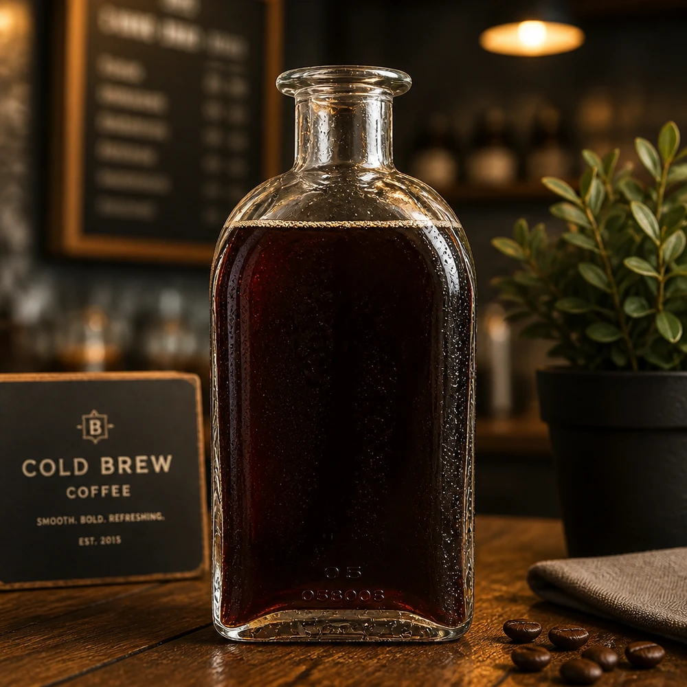 500ml Glasflasche Julia mit Cold Brew Kaffee gefüllt in Café-Atmosphäre mit Kaffeebohnen und stylischer Präsentation