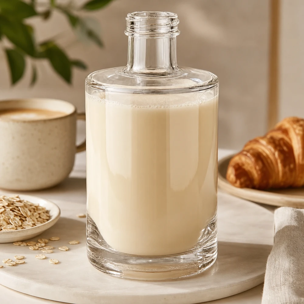 375ml Glasflasche Sam mit cremiger Hafermilch befüllt neben Croissant und Kafeetasse auf Holzbrett arrangiert
